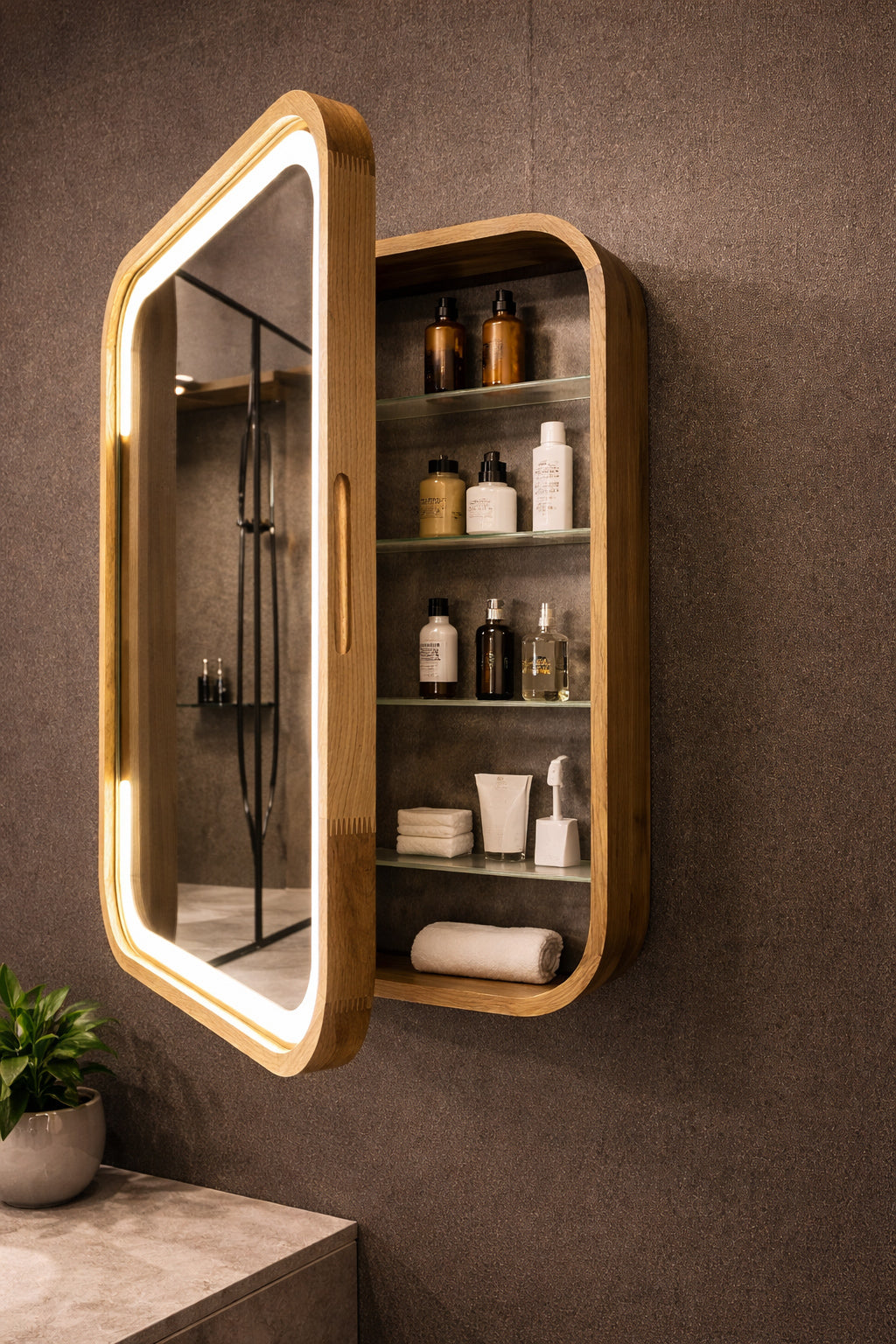A wall-mounted bathroom medicine cabinet with an illuminated LED frame, shown open to reveal shelves stocked with toiletries. The cabinet has a warm wood finish and is mounted on a textured dark brown wall above a stone countertop with a small potted plant.