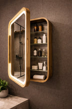 A wall-mounted bathroom medicine cabinet with an illuminated LED frame, shown open to reveal shelves stocked with toiletries. The cabinet has a warm wood finish and is mounted on a textured dark brown wall above a stone countertop with a small potted plant.