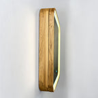 A modern wall-mounted light fixture with a rectangular wood-grain frame and a glowing LED border, shown mounted on a white textured wall.