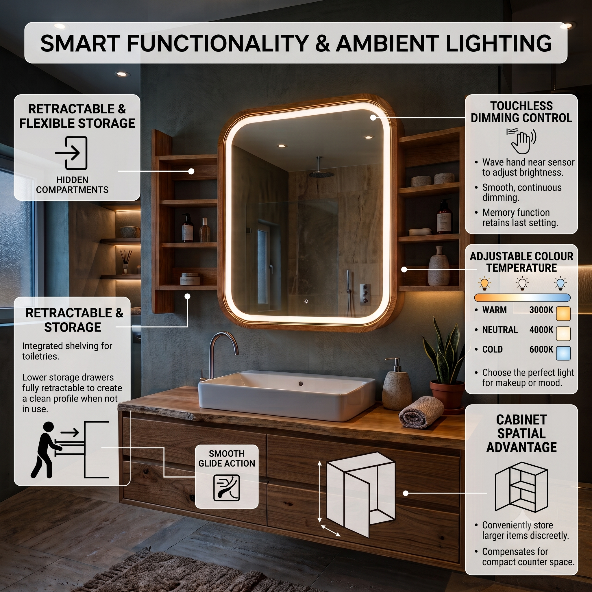 Sliding Mirror Cabinet with Shelves, Modern Wood Medicine Cabinet with LED Light, Wall Mounted Bathroom Storage Vanity Mirror, Japandi