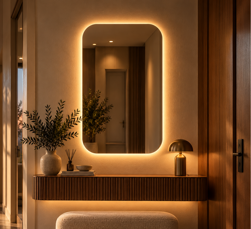 Rectangle backlit LED mirror with rounded corners, frameless, above a floating wood shelf in an entryway