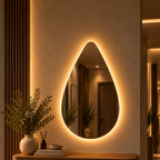 Teardrop backlit LED mirror, frameless, above an entryway console