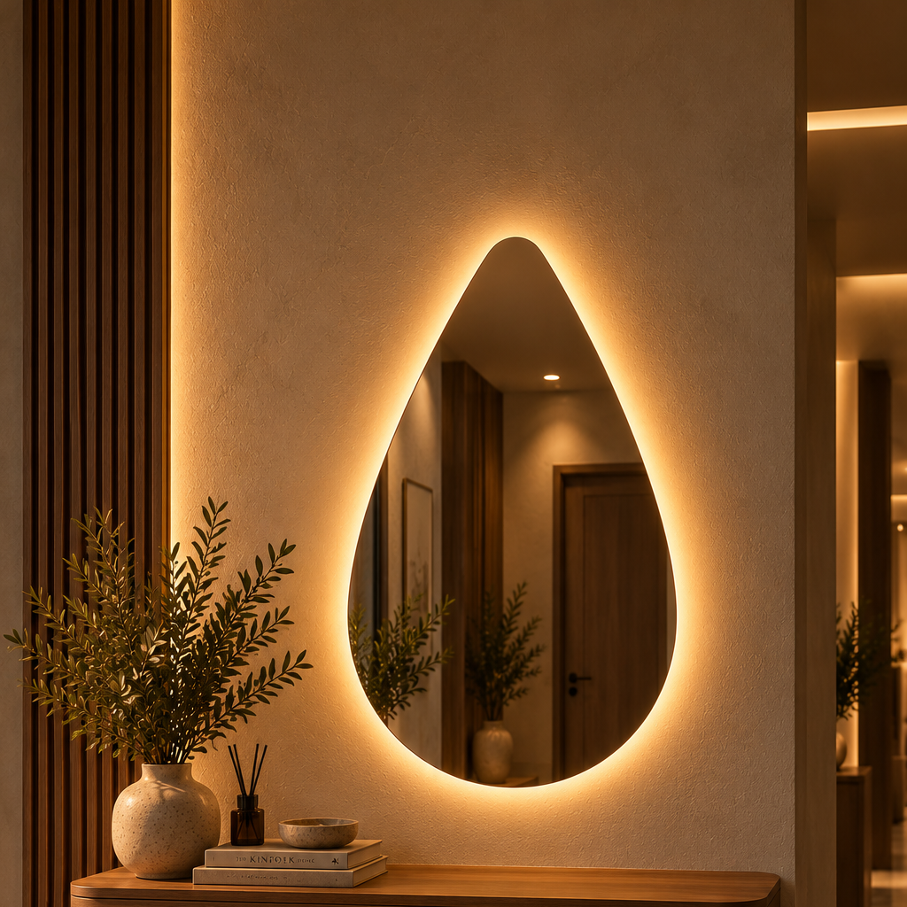 Teardrop backlit LED mirror, frameless, above an entryway console