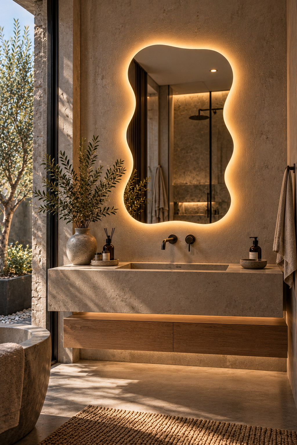 Wavy Backlit LED Mirror, Frameless