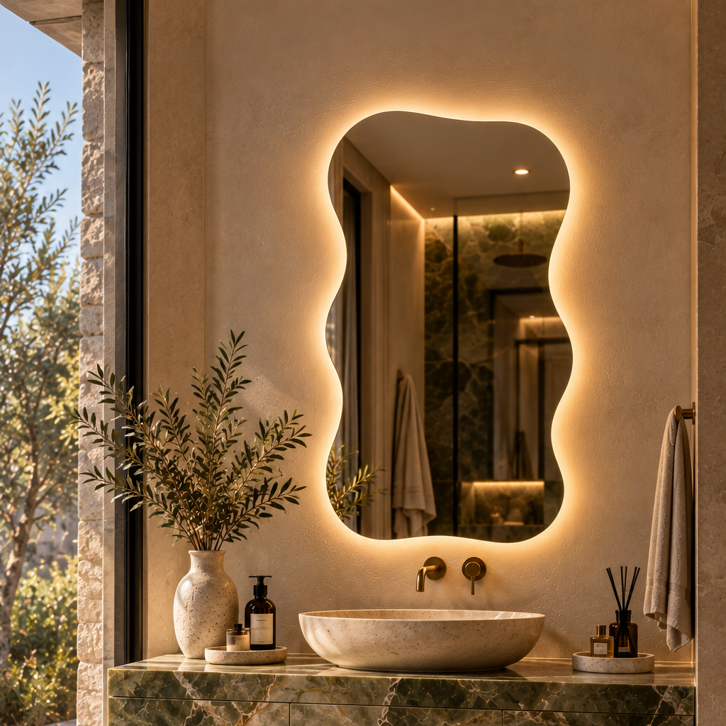 Wavy backlit LED mirror, frameless, over a vessel sink
