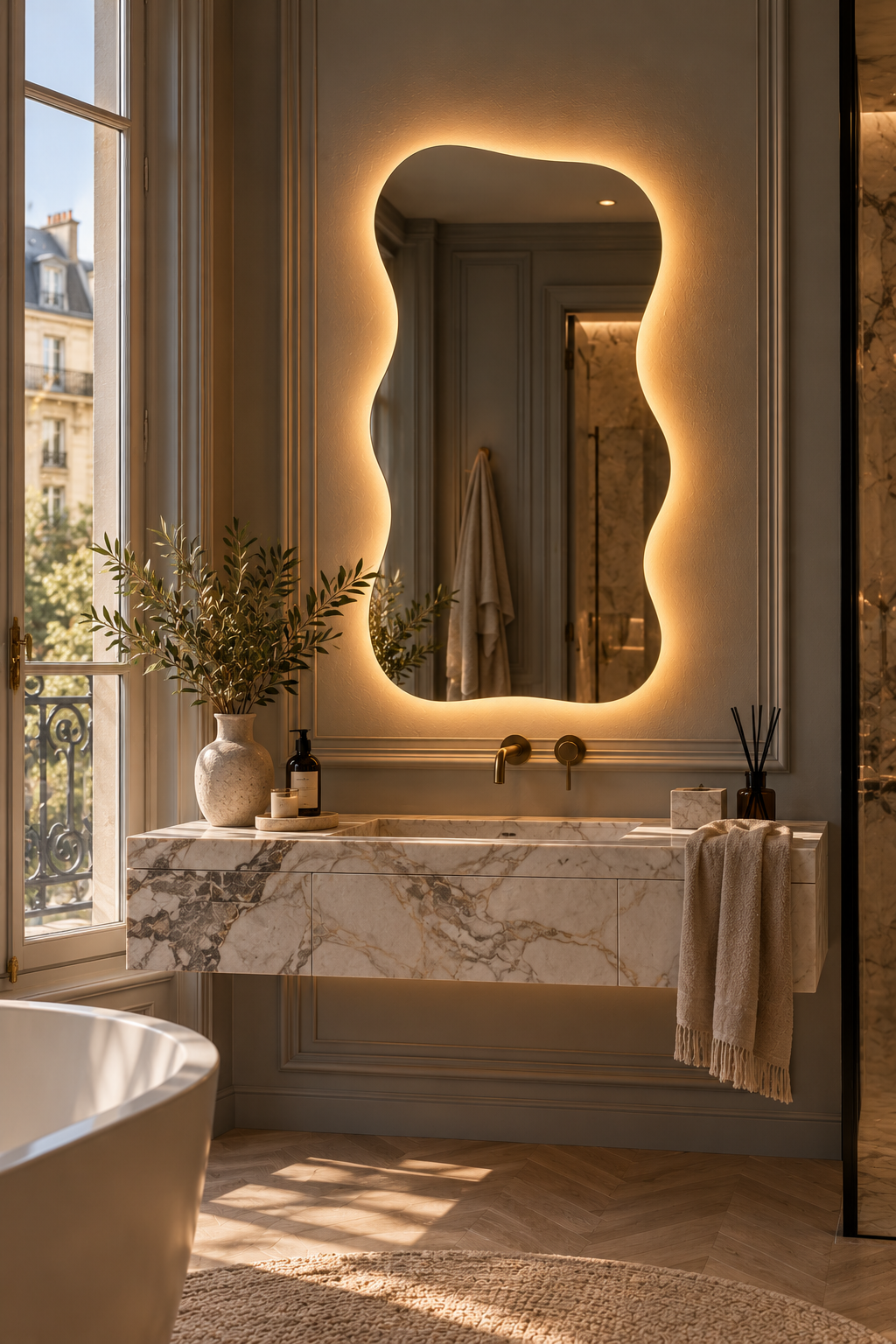 Wavy Backlit LED Mirror, Frameless