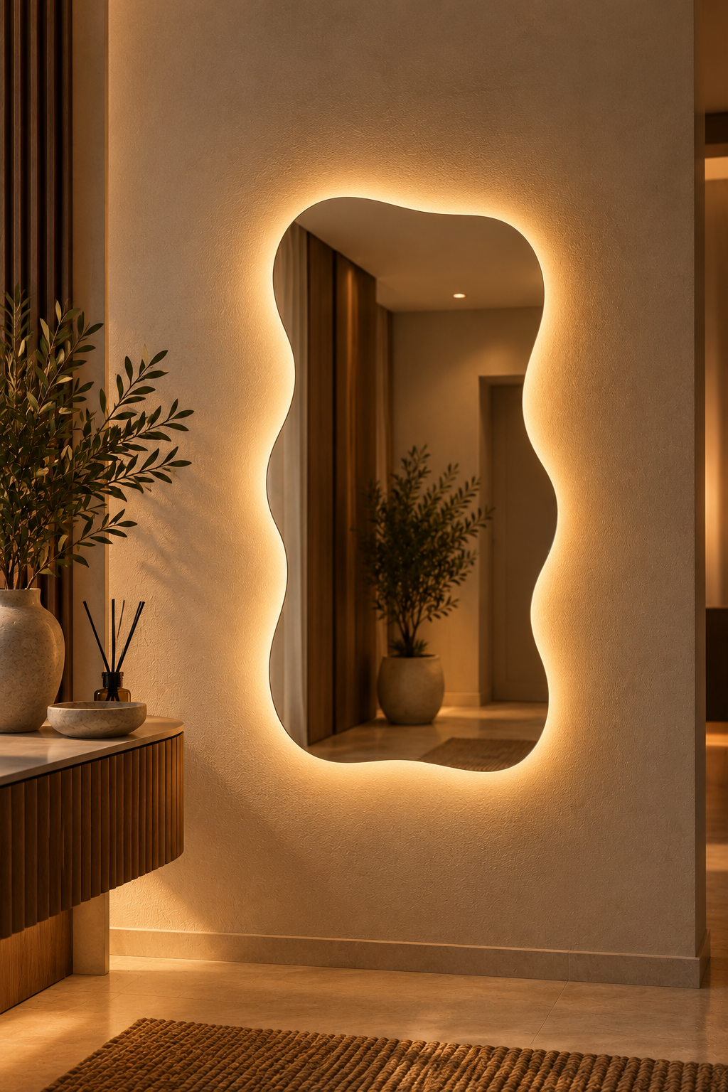 Wavy Backlit LED Mirror, Frameless