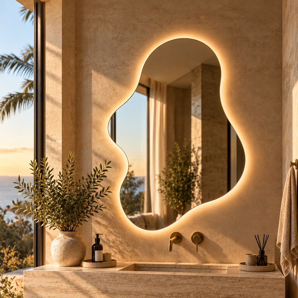 Blob backlit LED mirror, frameless, over a stone bathroom vanity