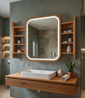 Sliding Mirror Cabinet with Shelves, Modern Wood Medicine Cabinet with LED Light, Wall Mounted Bathroom Storage Vanity Mirror, Japandi