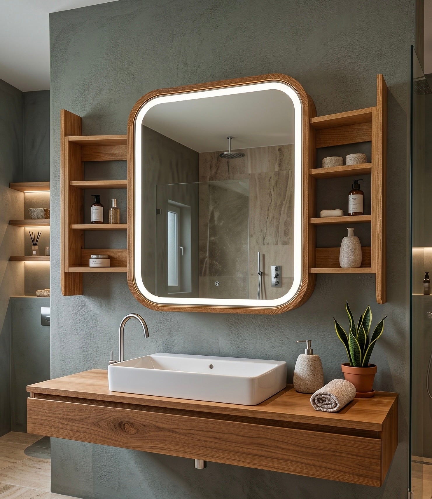 Sliding Mirror Cabinet with Shelves, Modern Wood Medicine Cabinet with LED Light, Wall Mounted Bathroom Storage Vanity Mirror, Japandi
