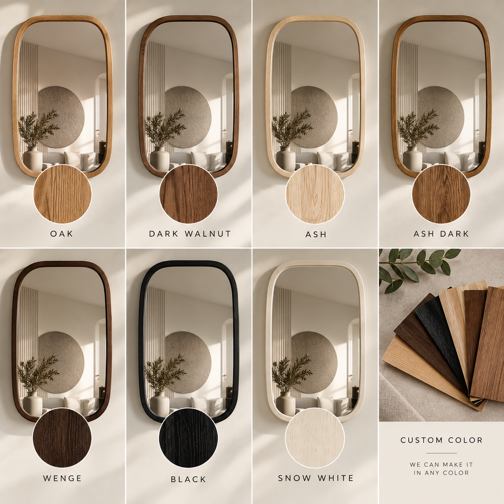 Rounded Rectangle Wood Wall Mirror – Solid Walnut, Oak or Ash | Custom Size, Bathroom-Safe Finish