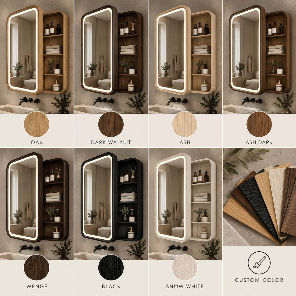 LED Medicine Cabinet with Mirror | Rounded Wood Bathroom Storage Cabinet with Shelves