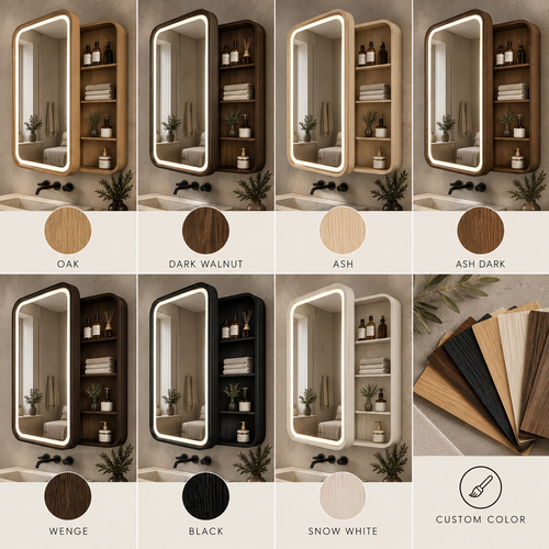LED Medicine Cabinet with Mirror | Rounded Wood Bathroom Storage Cabinet with Shelves