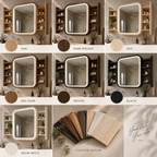 Sliding Mirror Cabinet with Shelves, Modern Wood Medicine Cabinet with LED Light, Wall Mounted Bathroom Storage Vanity Mirror, Japandi