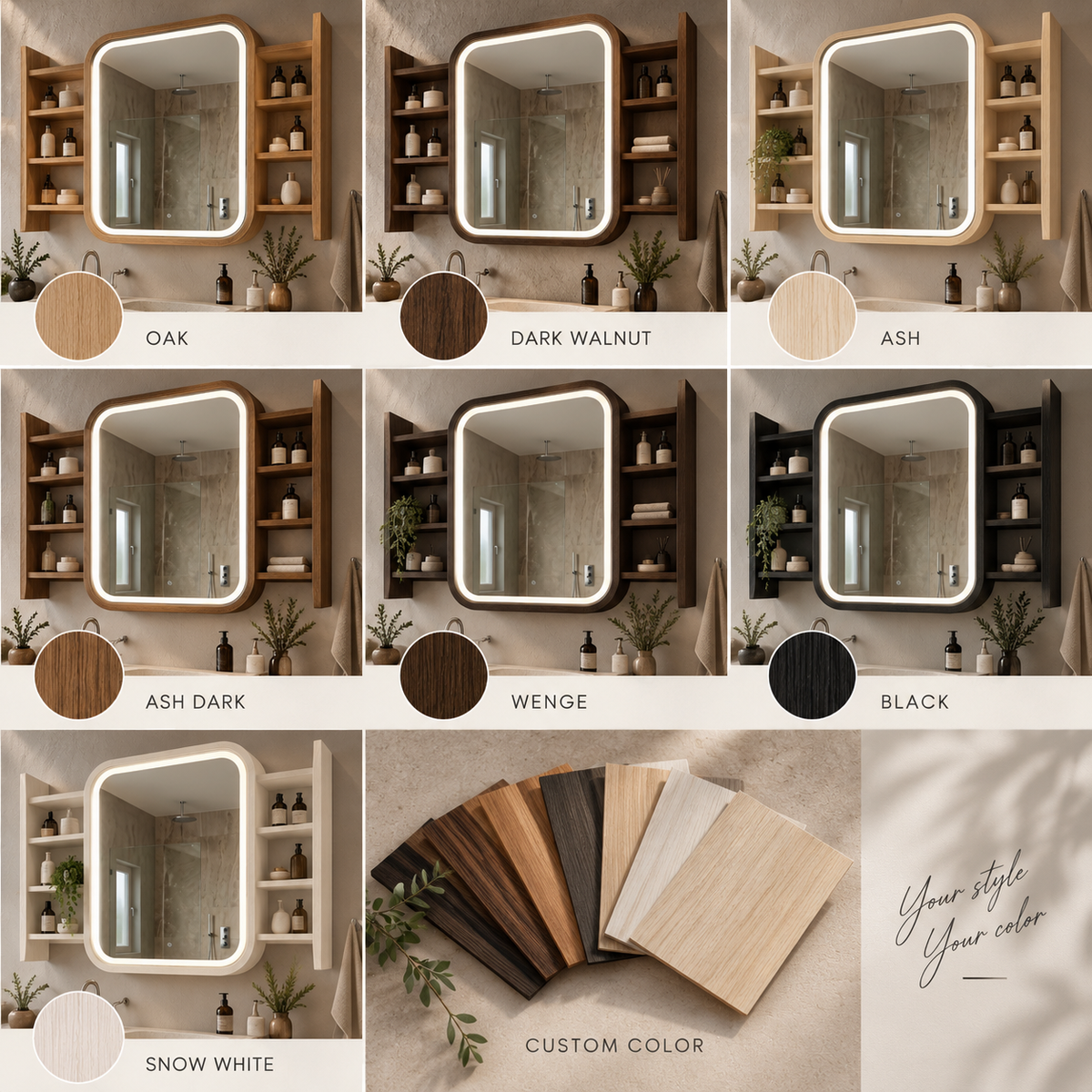 Sliding Mirror Cabinet with Shelves, Modern Wood Medicine Cabinet with LED Light, Wall Mounted Bathroom Storage Vanity Mirror, Japandi