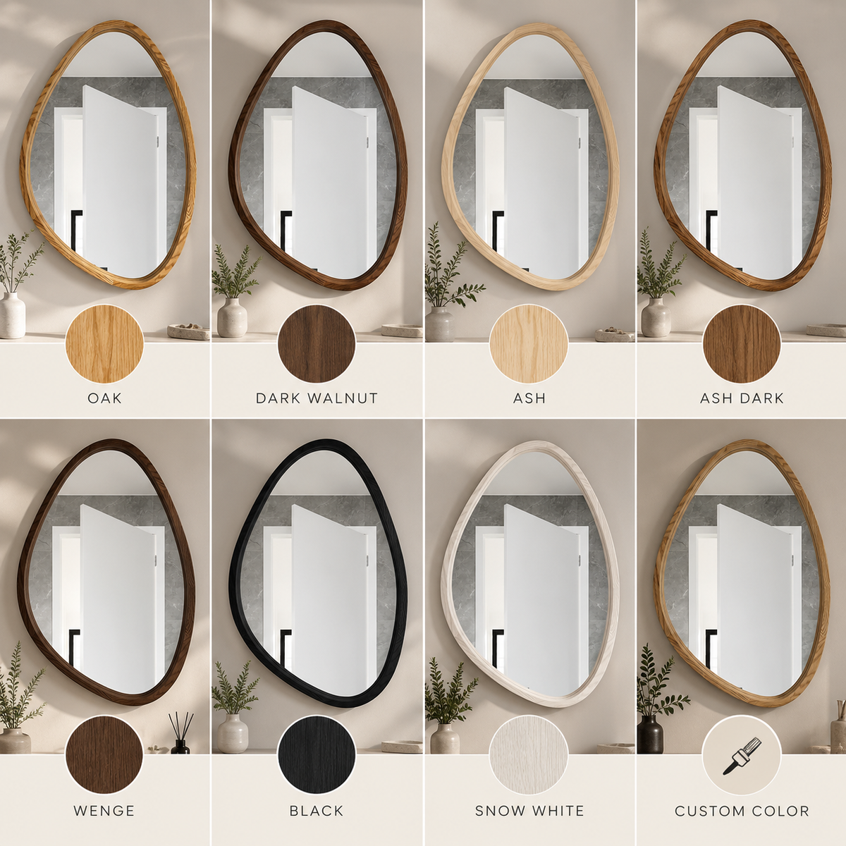 Asymmetrical Wood Wall Mirror with LED | Handmade Teardrop Vanity Mirror