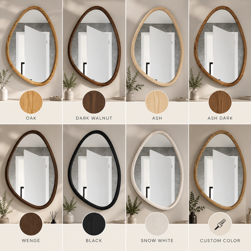 Asymmetrical Wood Wall Mirror with LED | Handmade Teardrop Vanity Mirror