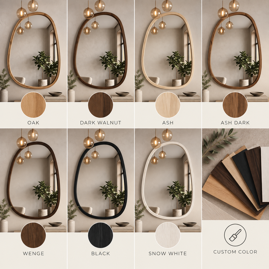 Asymmetric Wood Wall Mirror | Irregular Pebble Shape, Handmade Wabi-Sabi Decor