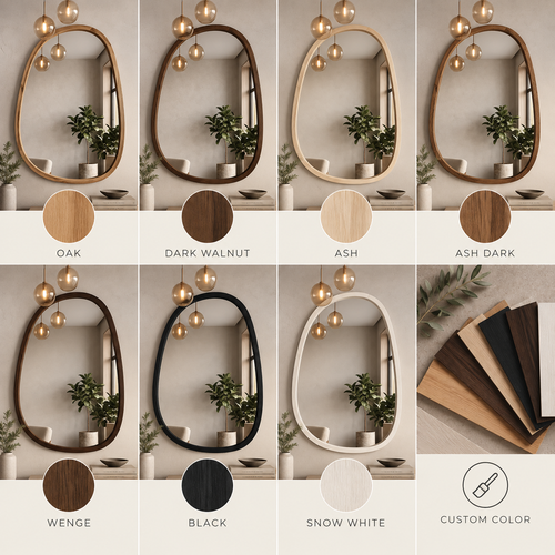 Asymmetric Wood Wall Mirror | Irregular Pebble Shape, Handmade Wabi-Sabi Decor