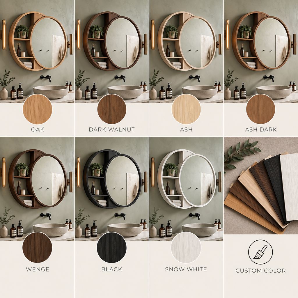 Makeup Organizer with Mirror | Round Wood Vanity Mirror with Crescent Shelf