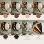 Makeup Organizer with Mirror | Round Wood Vanity Mirror with Crescent Shelf