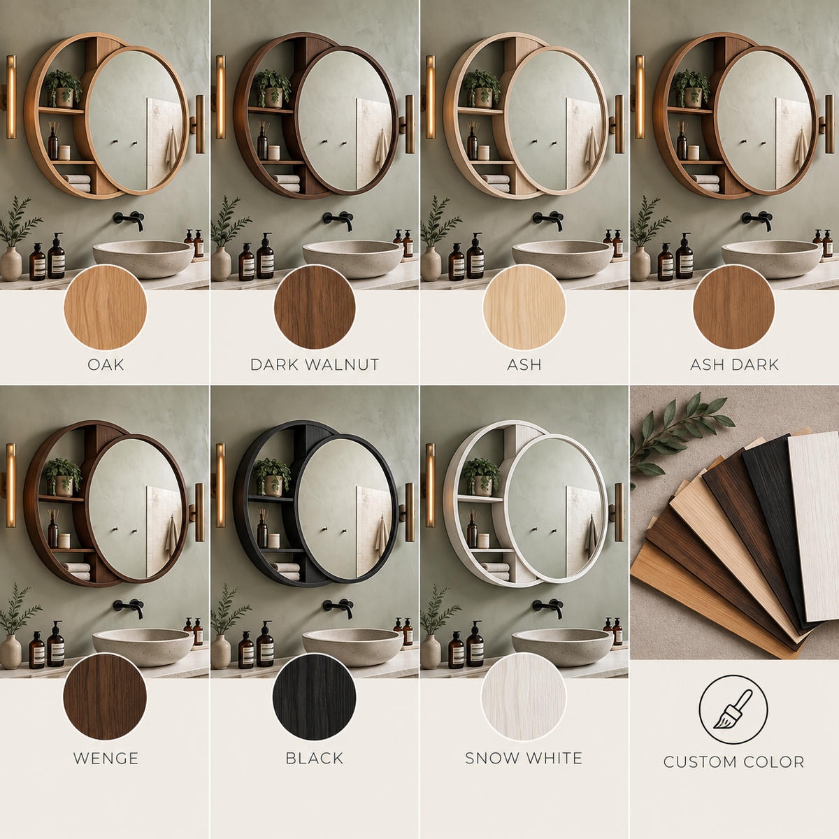 Makeup Organizer with Mirror | Round Wood Vanity Mirror with Crescent Shelf