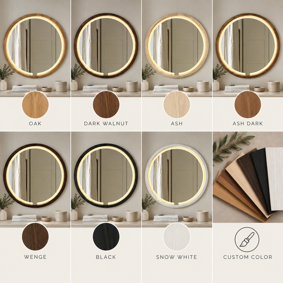LED Round Mirror | Lighted Solid Wood Bathroom Mirror, Warm Light