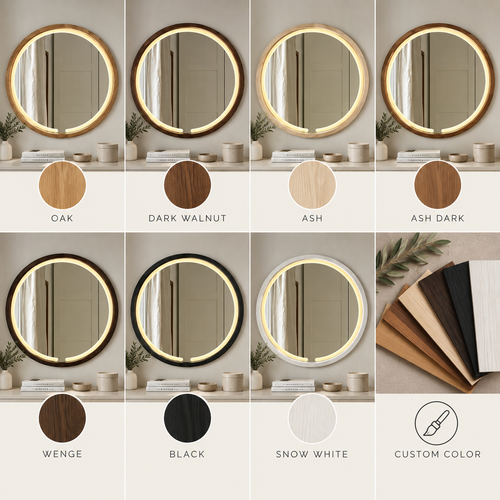 LED Round Mirror | Lighted Solid Wood Bathroom Mirror, Warm Light