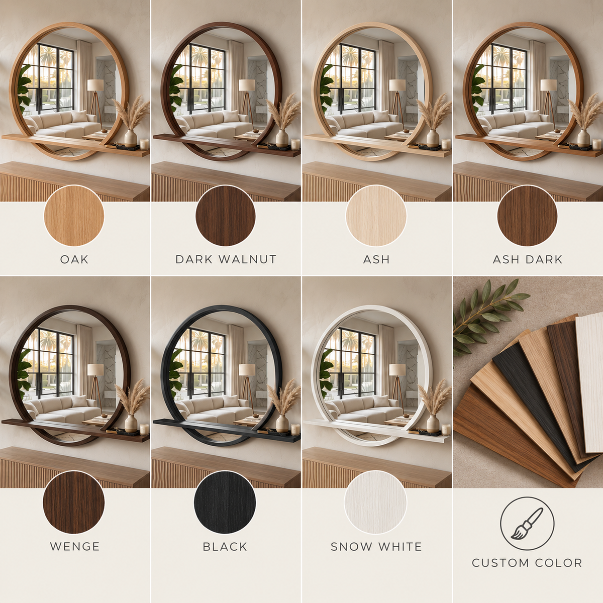 Modern Round Wood Wall Mirror with Shelf | Decorative Circle Entryway Mirror with Floating Ledge