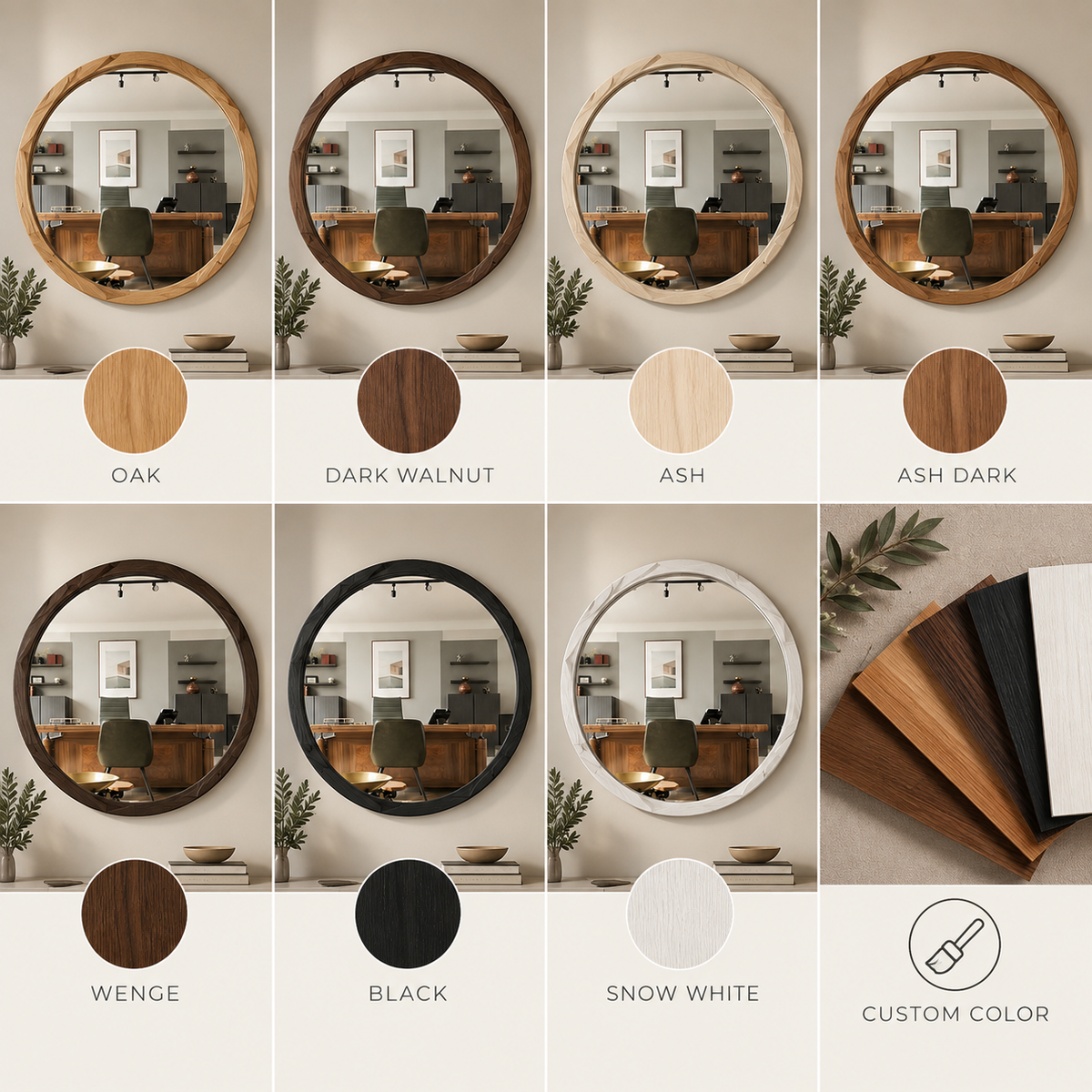 Round Wooden Wall Mirror – Handmade Walnut, Oak or Ash Frame | Custom Diameter Mid-Century Modern Wall Decor