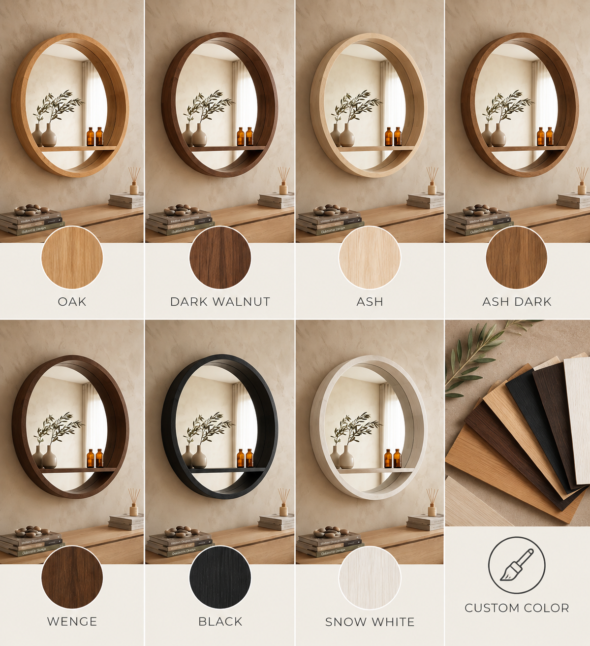 Round Wood Mirror with Floating Shelf | Solid Oak Entryway Mirror