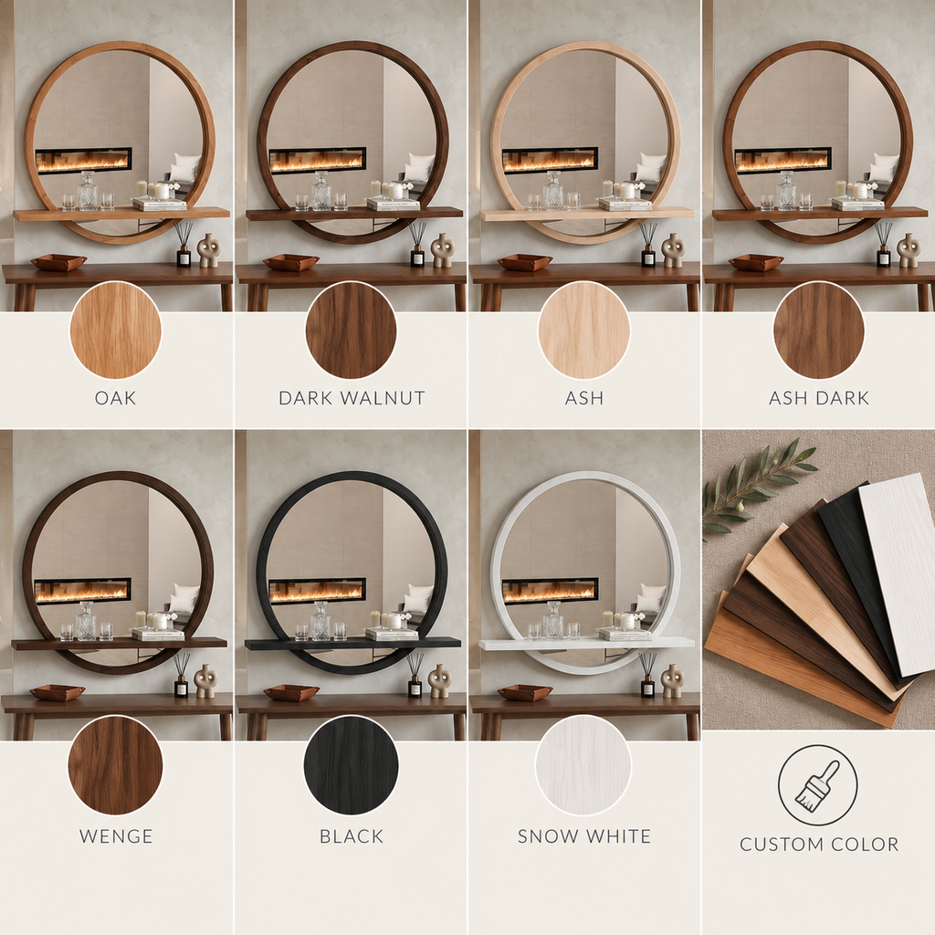 Handmade Wood Mirror with Shelf | Rustic Farmhouse Bathroom Vanity Decor | Round Frame, Custom Size