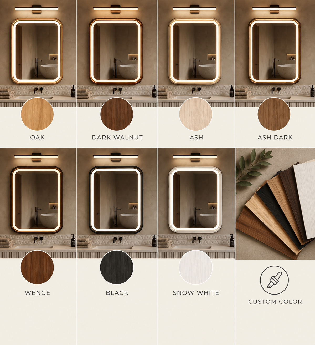 Square LED Bathroom Mirror | Wood Frame Lighted Vanity Mirror, Mid-Century Modern