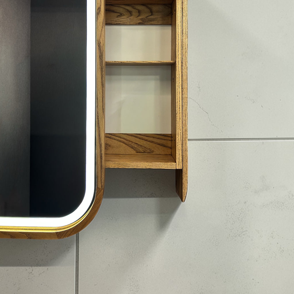 Sliding Mirror Cabinet with Shelves, Modern Wood Medicine Cabinet with LED Light, Wall Mounted Bathroom Storage Vanity Mirror, Japandi