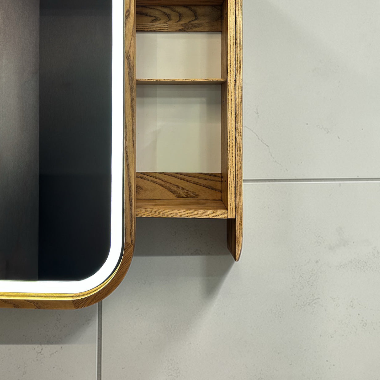 Sliding Mirror Cabinet with Shelves, Modern Wood Medicine Cabinet with LED Light, Wall Mounted Bathroom Storage Vanity Mirror, Japandi