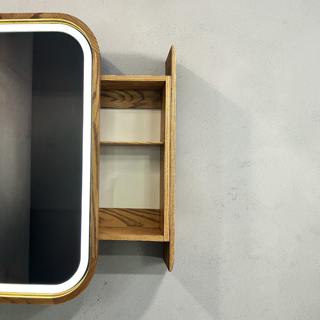 Sliding Mirror Cabinet with Shelves, Modern Wood Medicine Cabinet with LED Light, Wall Mounted Bathroom Storage Vanity Mirror, Japandi