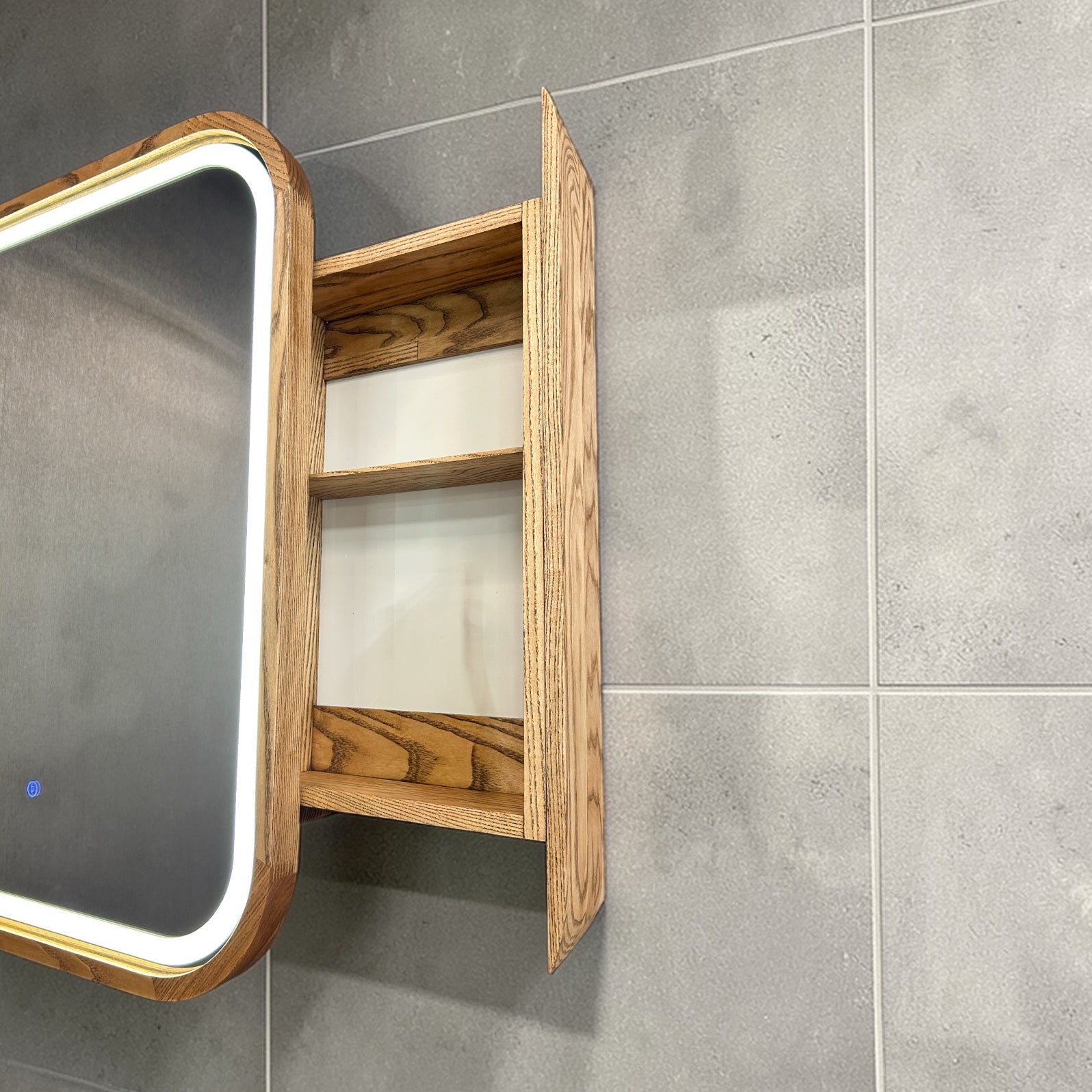 Sliding Mirror Cabinet with Shelves, Modern Wood Medicine Cabinet with LED Light, Wall Mounted Bathroom Storage Vanity Mirror, Japandi