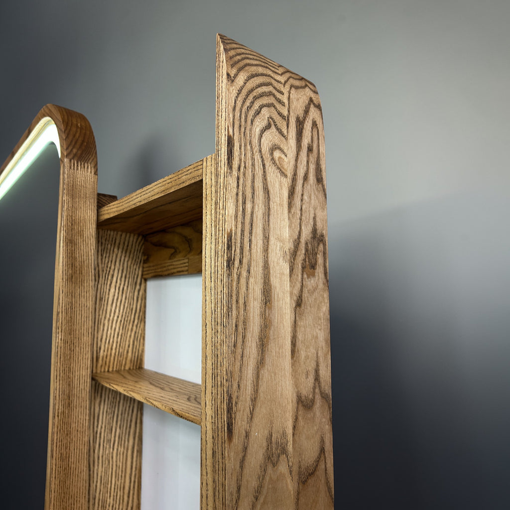 Sliding Mirror Cabinet with Shelves, Modern Wood Medicine Cabinet with LED Light, Wall Mounted Bathroom Storage Vanity Mirror, Japandi