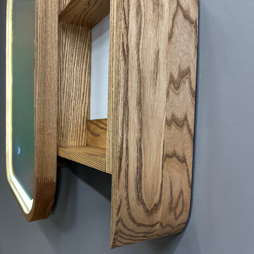 Sliding Mirror Cabinet with Shelves, Modern Wood Medicine Cabinet with LED Light, Wall Mounted Bathroom Storage Vanity Mirror, Japandi