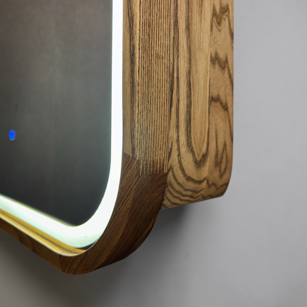 Sliding Mirror Cabinet with Shelves, Modern Wood Medicine Cabinet with LED Light, Wall Mounted Bathroom Storage Vanity Mirror, Japandi