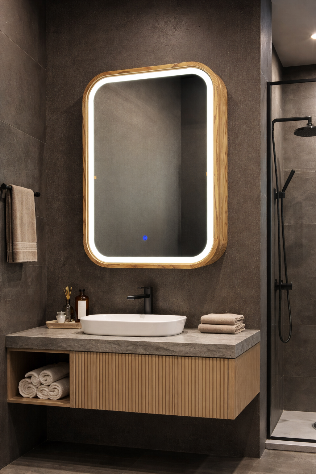 Sliding Mirror Cabinet with Shelves, Modern Wood Medicine Cabinet with LED Light, Wall Mounted Bathroom Storage Vanity Mirror, Japandi