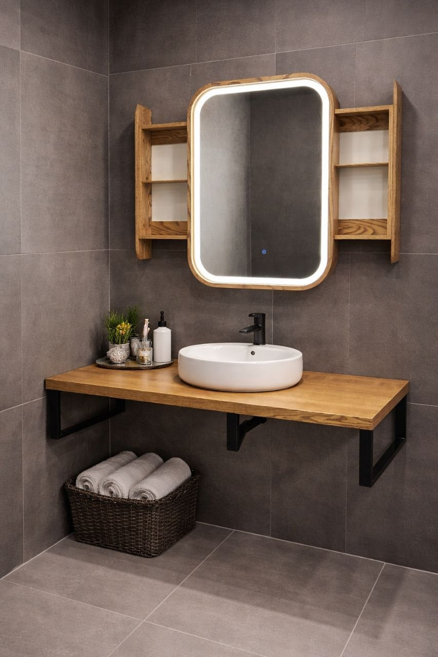 Sliding Mirror Cabinet with Shelves, Modern Wood Medicine Cabinet with LED Light, Wall Mounted Bathroom Storage Vanity Mirror, Japandi