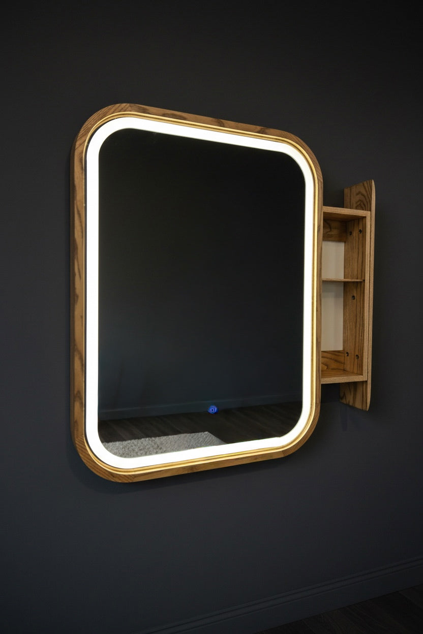 Sliding Mirror Cabinet with Shelves, Modern Wood Medicine Cabinet with LED Light, Wall Mounted Bathroom Storage Vanity Mirror, Japandi