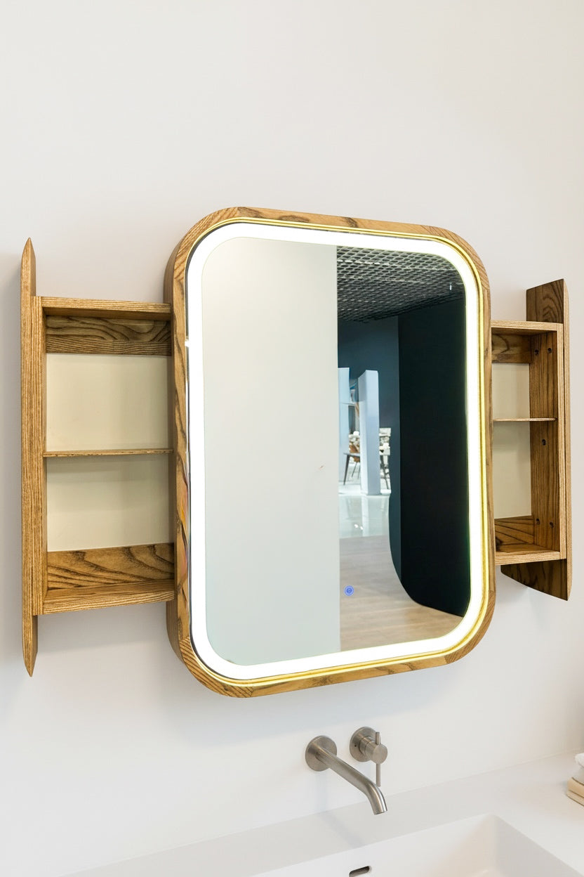 Sliding Mirror Cabinet with Shelves, Modern Wood Medicine Cabinet with LED Light, Wall Mounted Bathroom Storage Vanity Mirror, Japandi