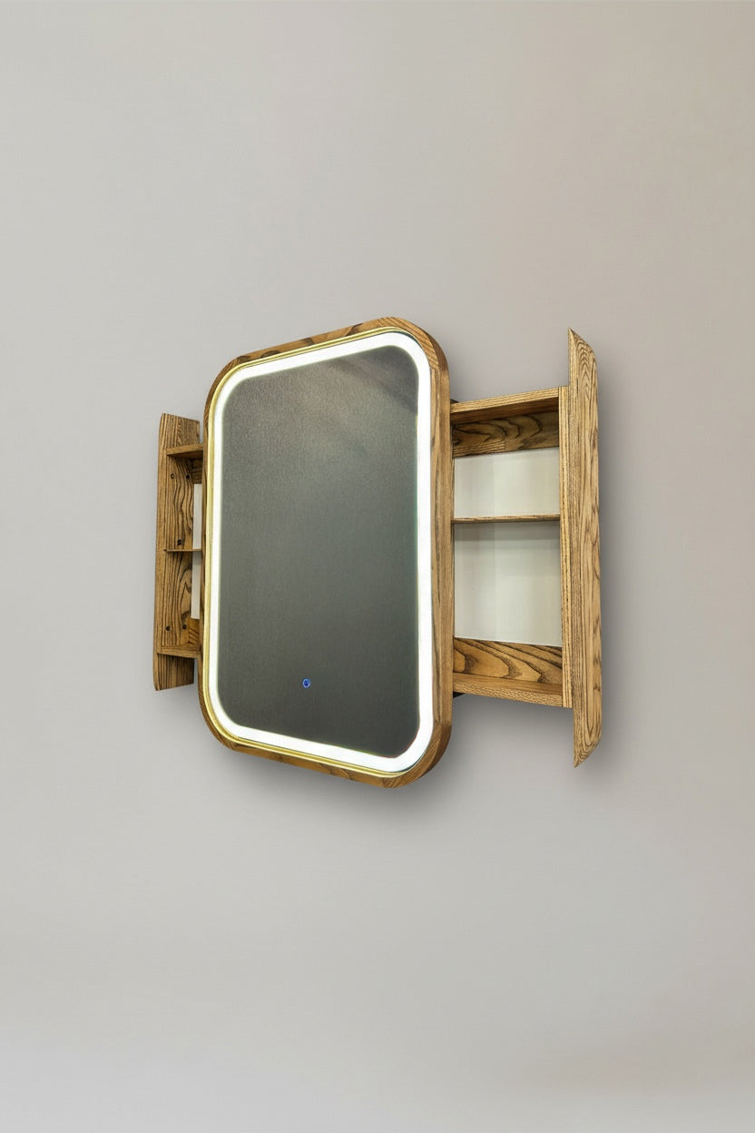 Sliding Mirror Cabinet with Shelves, Modern Wood Medicine Cabinet with LED Light, Wall Mounted Bathroom Storage Vanity Mirror, Japandi
