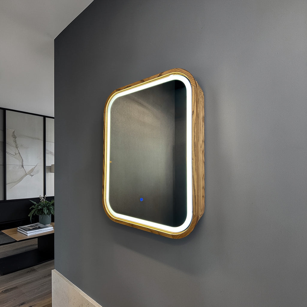 Sliding Mirror Cabinet with Shelves, Modern Wood Medicine Cabinet with LED Light, Wall Mounted Bathroom Storage Vanity Mirror, Japandi
