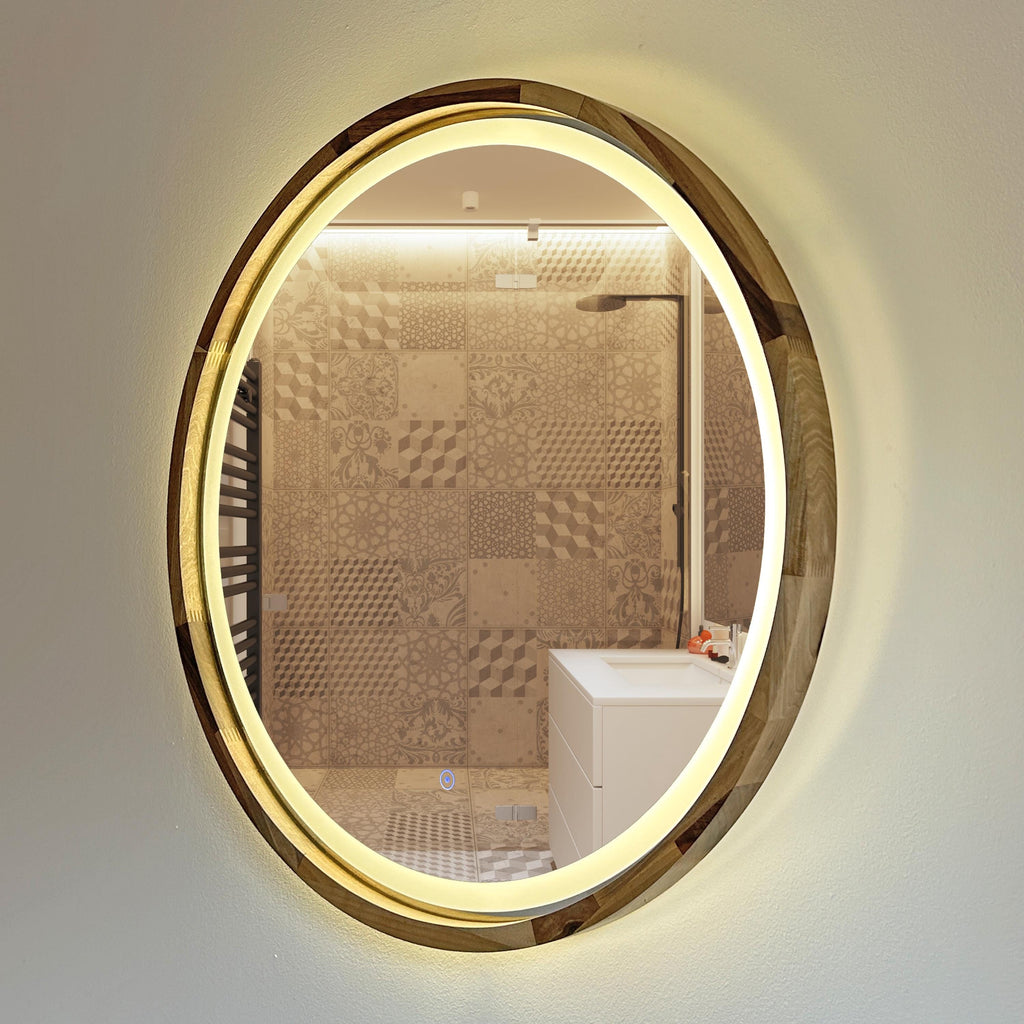 Handcrafted Wooden Round Mirror | Optional LED | Modern Home Decor, Custom Size