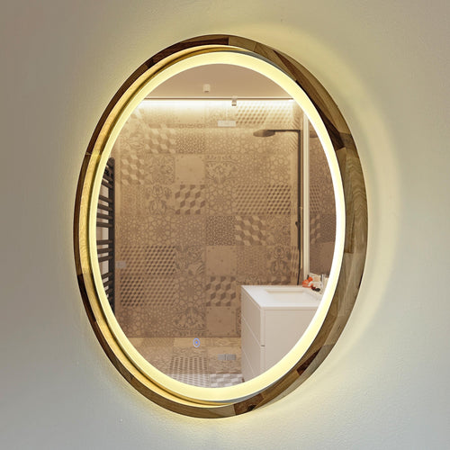 Handcrafted Wooden Round Mirror | Optional LED | Modern Home Decor, Custom Size