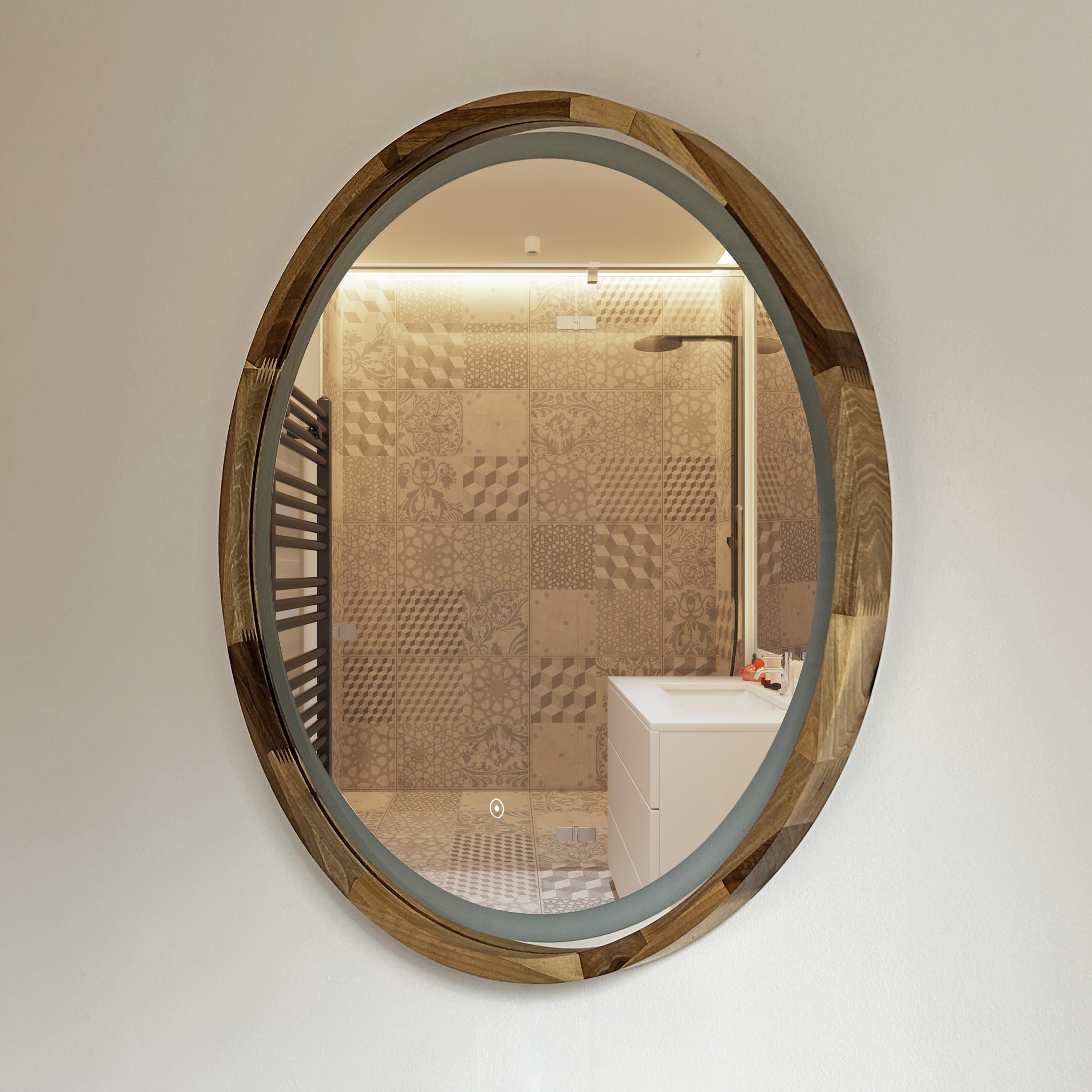 Handcrafted Wooden Round Mirror | Optional LED | Modern Home Decor, Custom Size