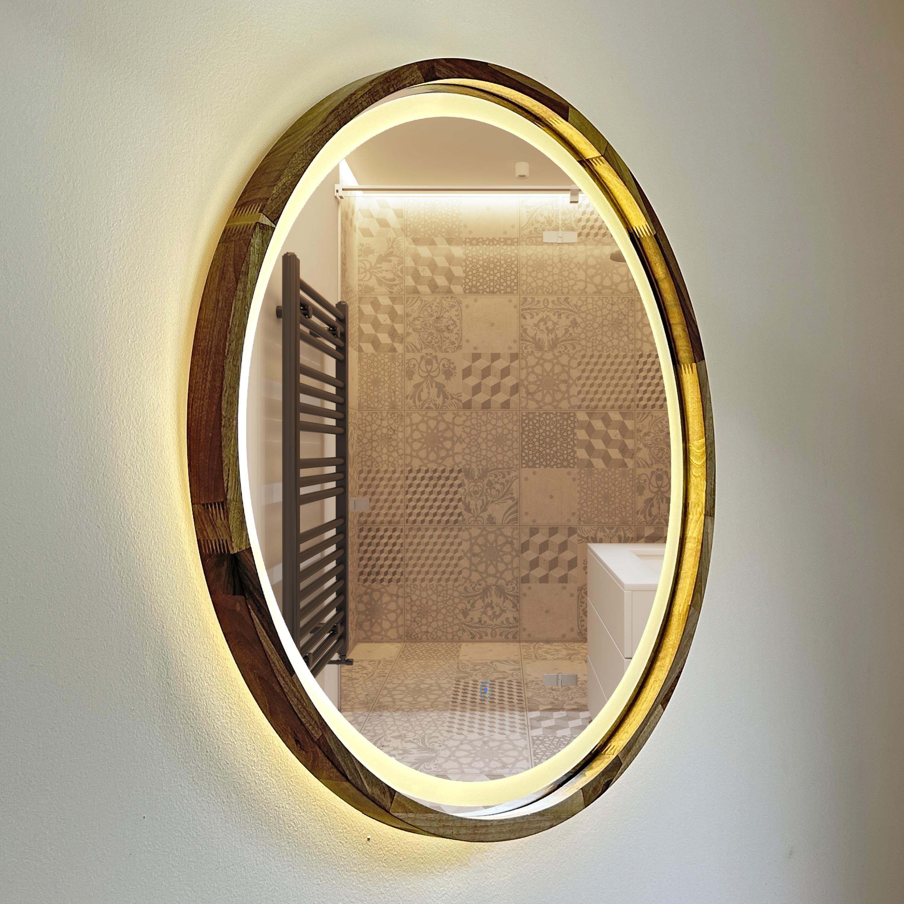 Handcrafted Wooden Round Mirror | Optional LED | Modern Home Decor, Custom Size